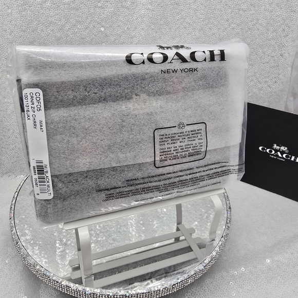 Coach Corner Zip Wristlet In Sequined Cherry Print Black Smooth Leather